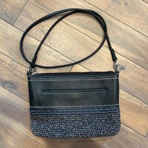 The Sak Crossbody‎ Bag -  Black Leather with Black and Tan Crochet Knit Twill